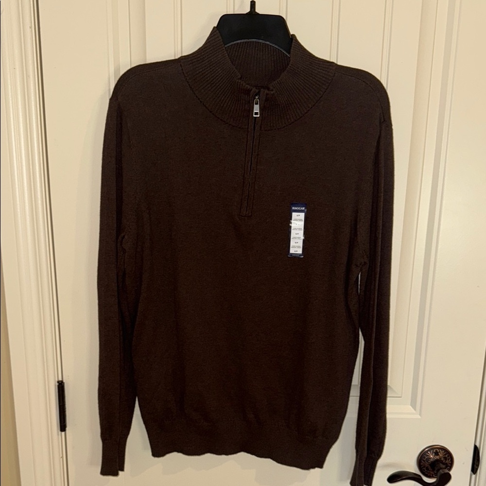 Haggar Cashmere Sweater cotton Brown Zip Up Classic Knit Men's Size S